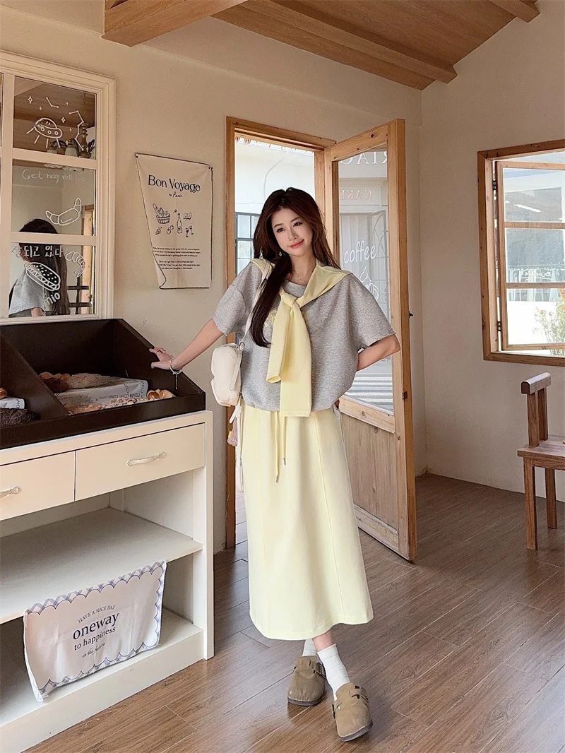 

Versatile Print Short Sleeve round Neck T-Shirt Women's Summer High Waist Skirt Long Dress Three Piece Set Fashionable All-Ma...