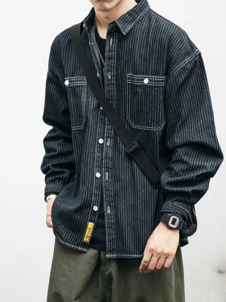 

Retro Japanese Style Long Sleeve Striped Denim Shirt Men Loose Casual Washed Workwear Shirt Trendy Button up Coat Jacket