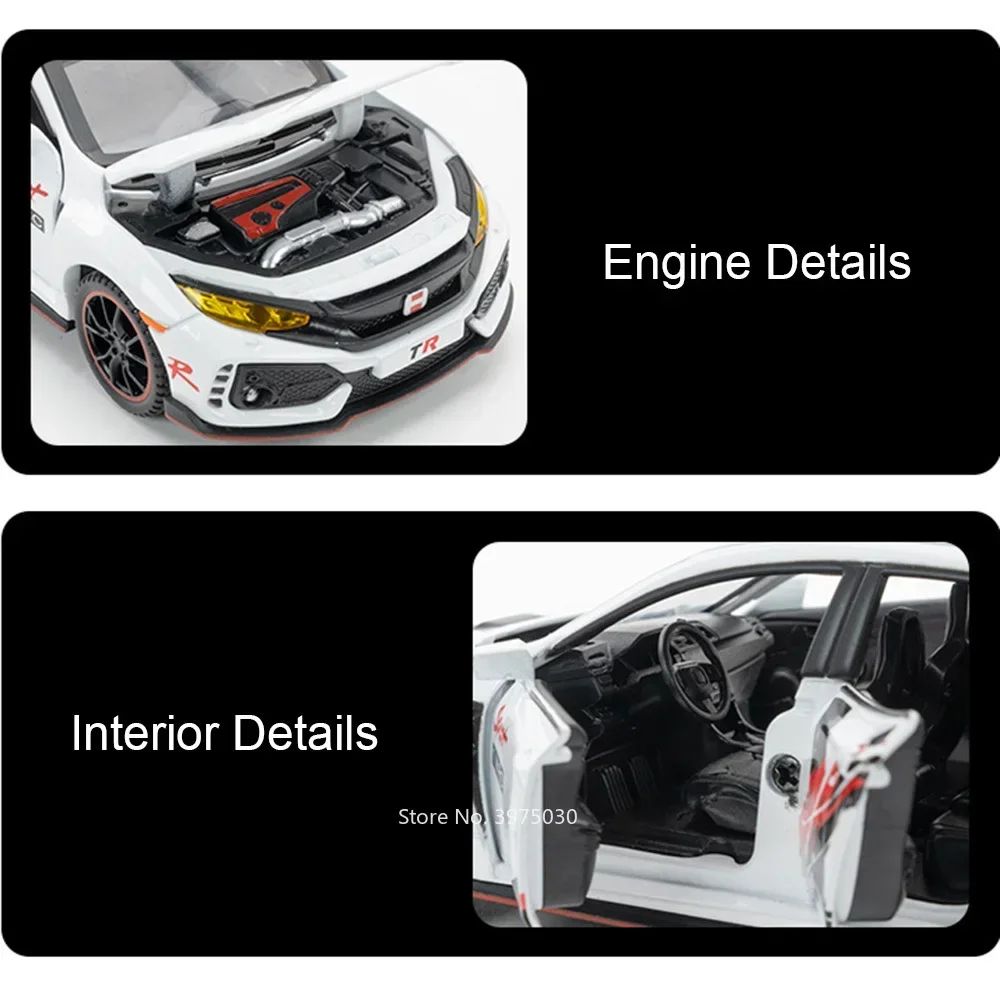 โมเดลรถของเล่นฮอนด้า ซีวิค ไทป์-อาร์ สปอร์ต ทำจากโลหะผสม 1/32 พร้อมไฟ เสียงเพลง ล้อหมุน ดึงหลังวิ่งได้ ของเล่นสะสมสำหรับเด็กผู้ชาย