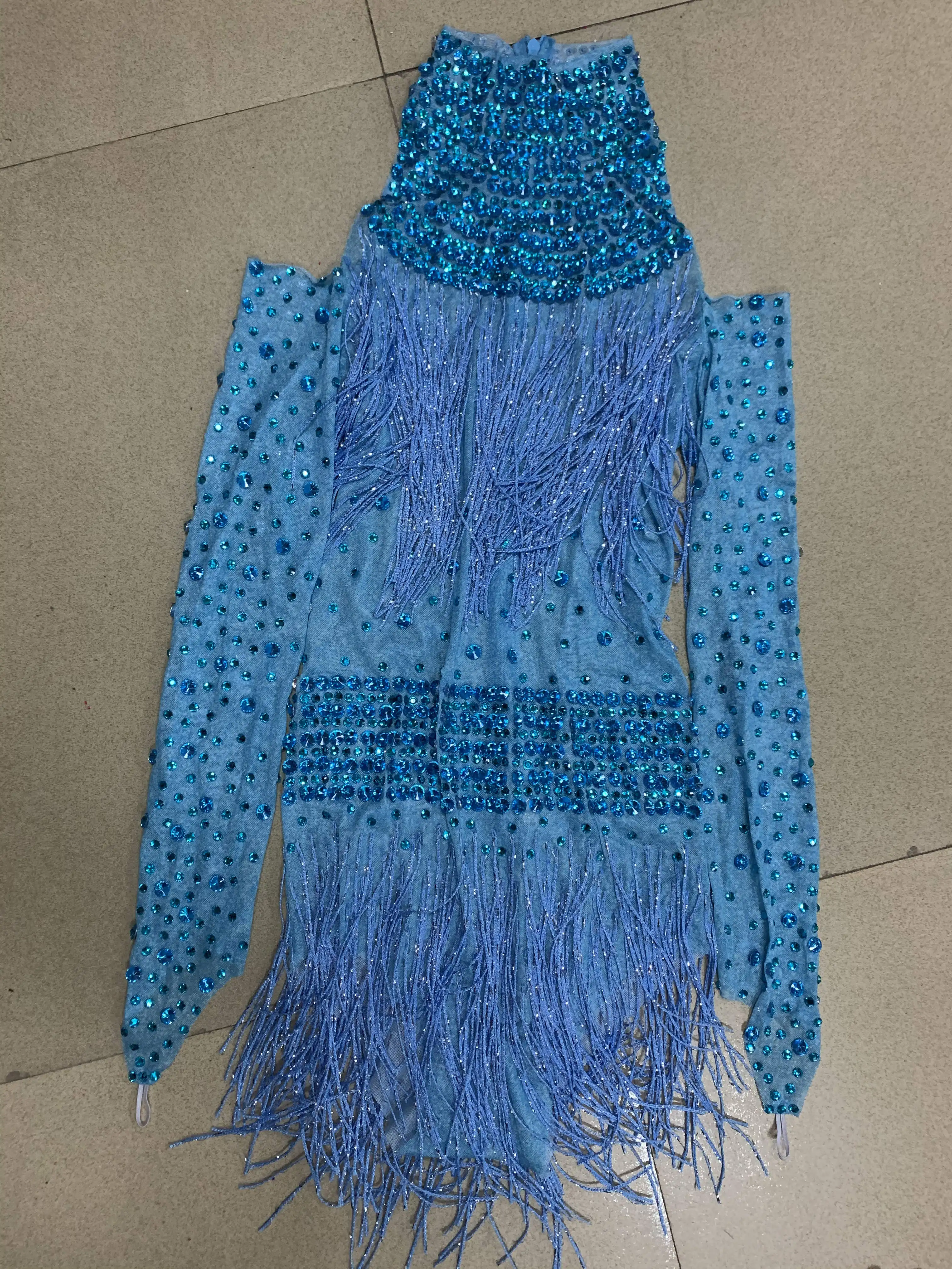 Sparkly Rhinestones Fringes Leotard Sexy DanceBodvsuit Nightclub Outfit Show PerformanceStage Wear Singer Dancer Costume D064