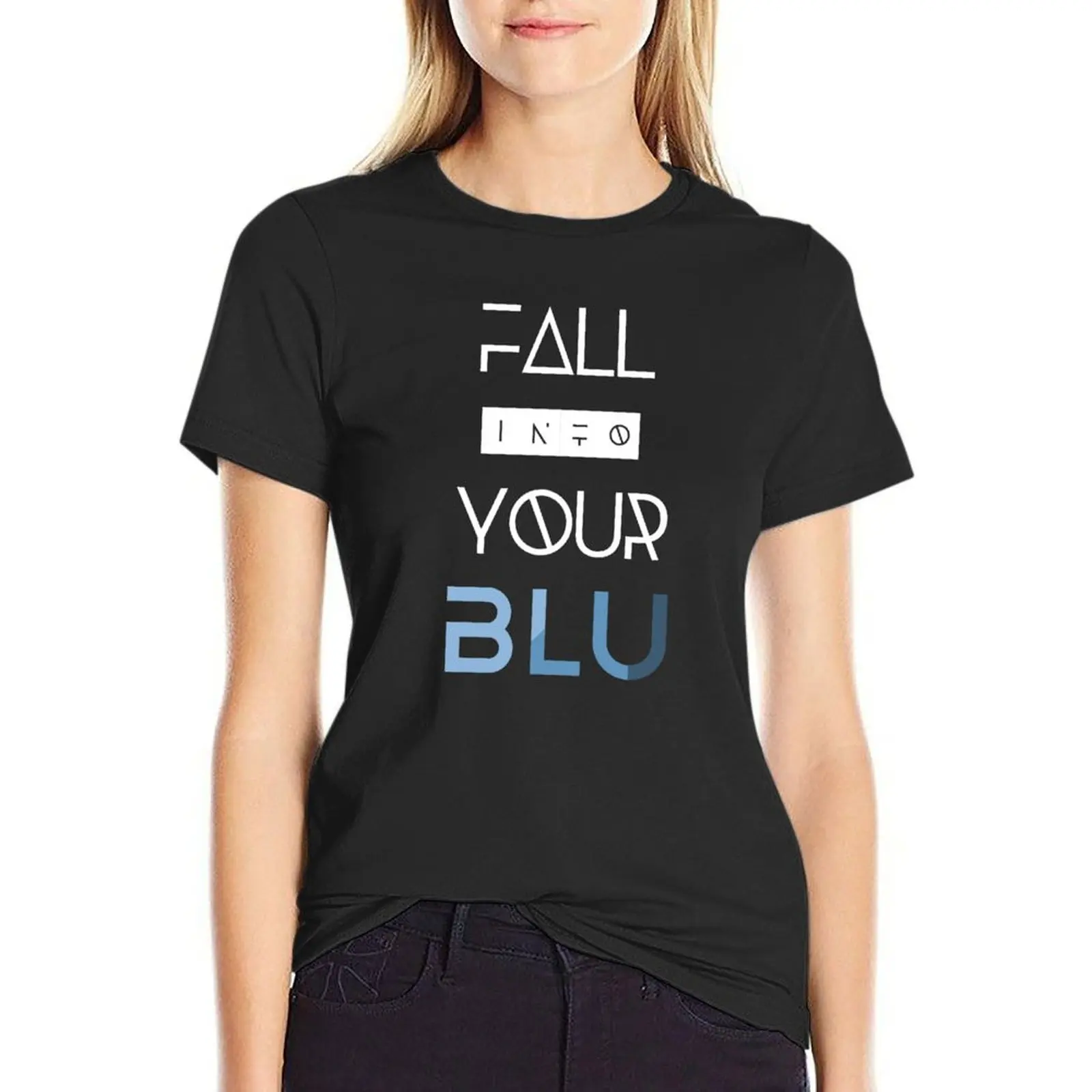 Blu-camiseta feminina de algodão com texto branco, tamanho grande, tops de verão