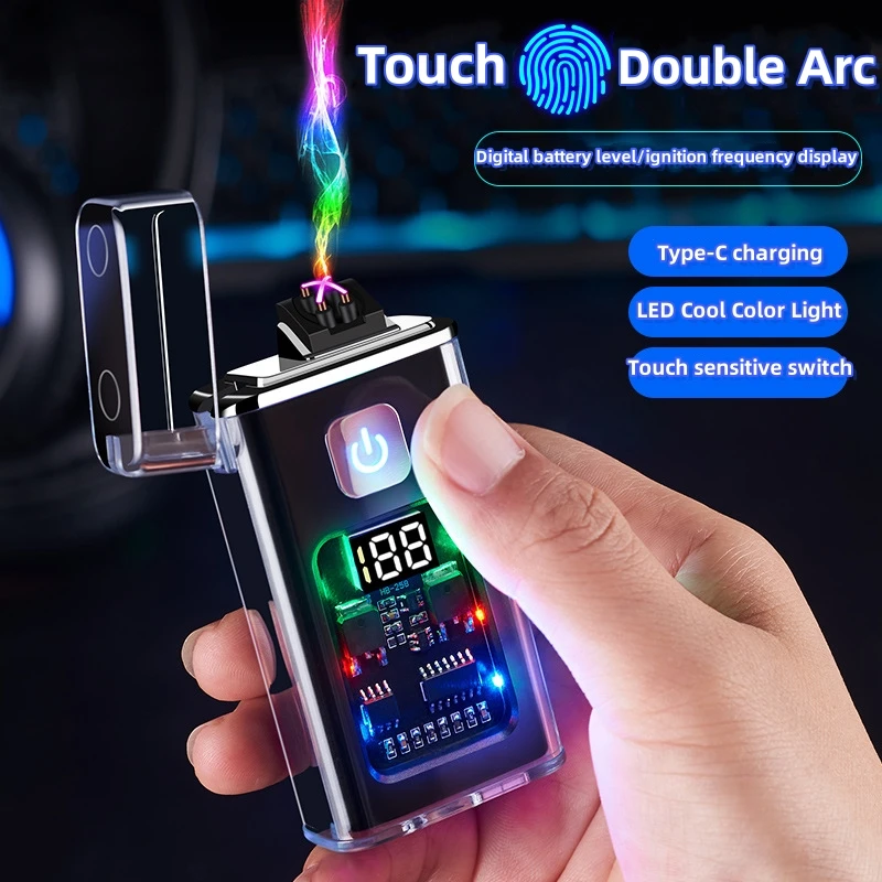

Stylish USB Rechargeable Electric Lighter Windproof Dual Arc Plasma Lighters Outdoor Camping Gadgets Fire Starter Men's Gifts