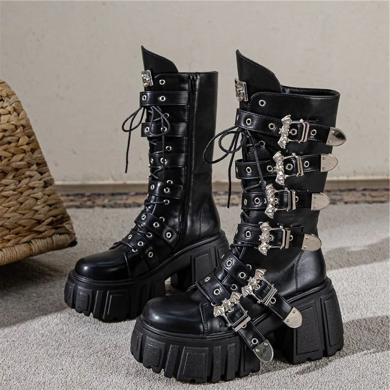 Trend Punk Western Style Round Toe Thick Bottom Metal Rivet Side Zipper Belt Buckle Sewing Women Boots 2027 Fashion Goth Shoes