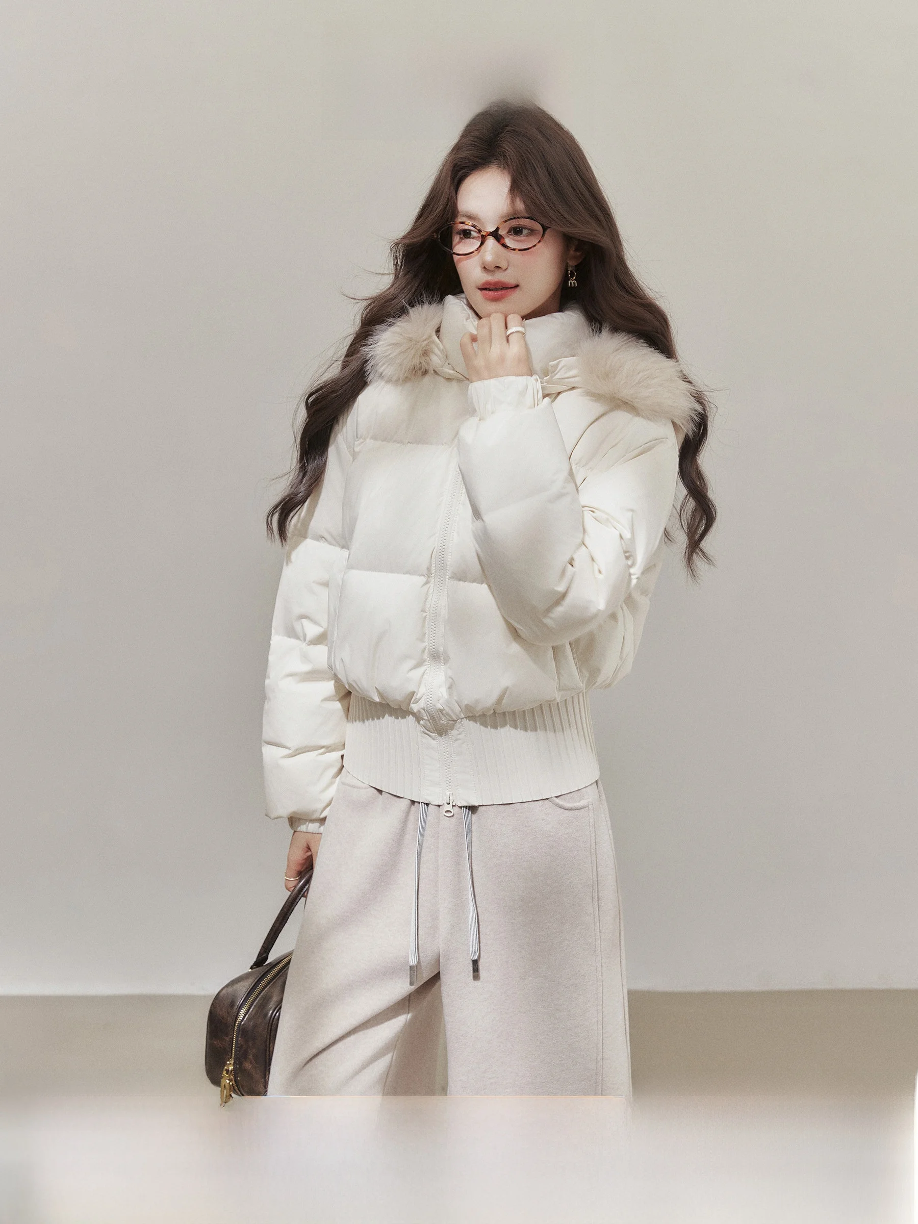 

Ele White Hooded down Jaet Women's Loose ort Coat Fur Collar Warm Filling Du Feather Detachable Cap Winter Outerwear