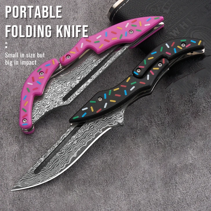 1PC Outdoor camping knife - Damascus pattern blade, mechanical design, perfect for hiking, fishing, BBQ, and traveling.