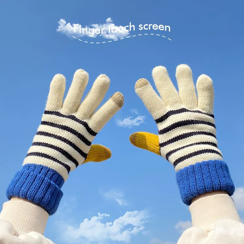 

1Pair Knitted Woolen Couple Gloves Winter Warm Plush Solid Color Full Finger Mittens Hand Warmer Men Women Touch Screen Gloves