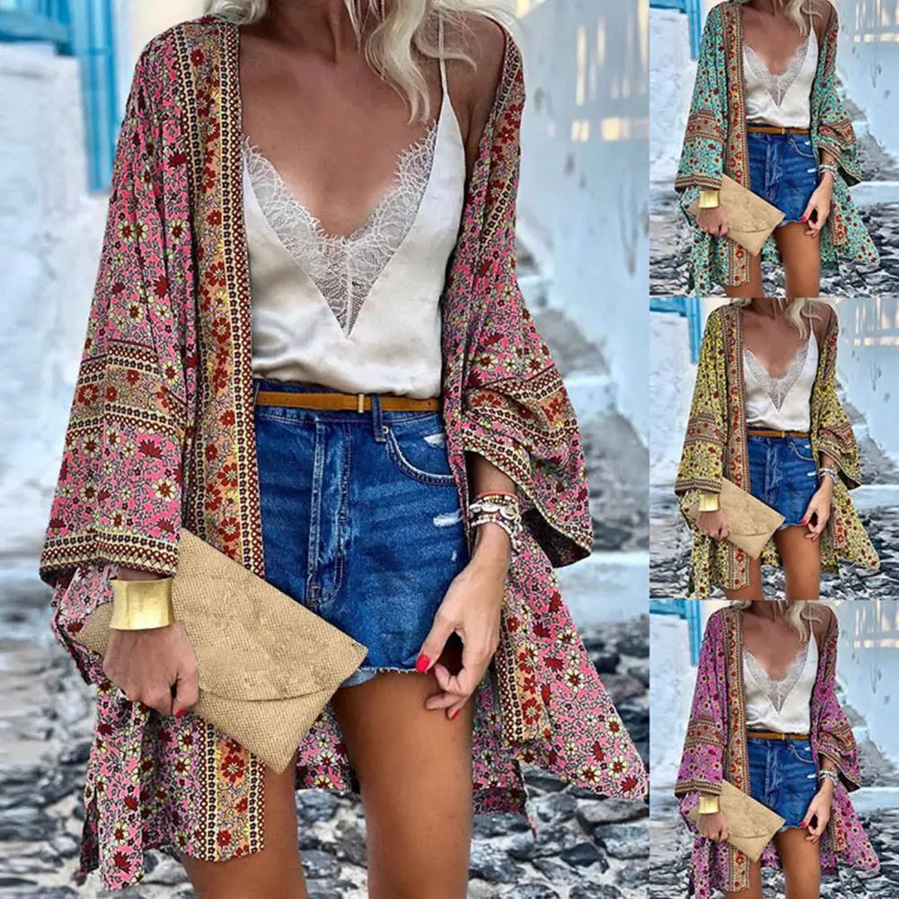 Boho Cardigan Quick Drying Skin-touch Anti-shrink Summer Open Front Bohemian Floral Printed Shirt Summer Cardigan Simple