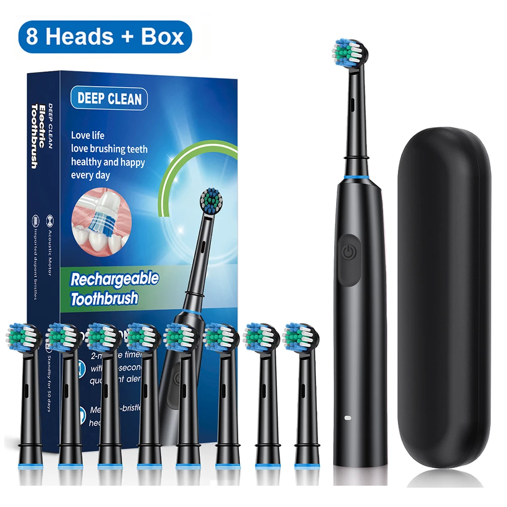 Black 8 Heads Box Rotary Rechargeable Electric Toothbrush for Adults