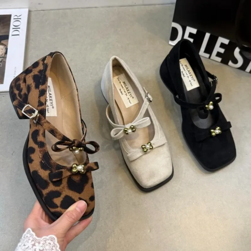 

Mary Jane Single Shoes Spring New Square Head Shallow Mouth Cloth Leopard Print Bow Line with Non-slip Heel Shoes