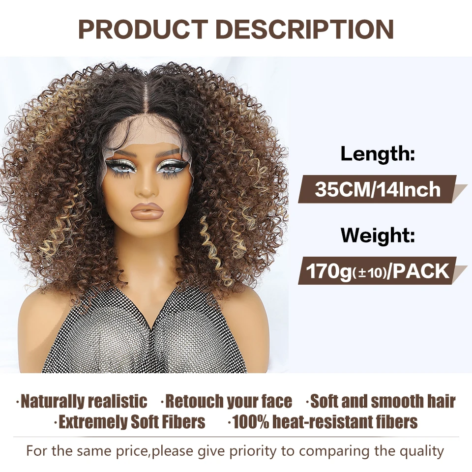 Synthetic Afro Short Kinky Curly Lace Wig For Black Women 14 Inch T Part Lace Front Wigs With Baby Hair Highlight Halloween Wigs - Image 3