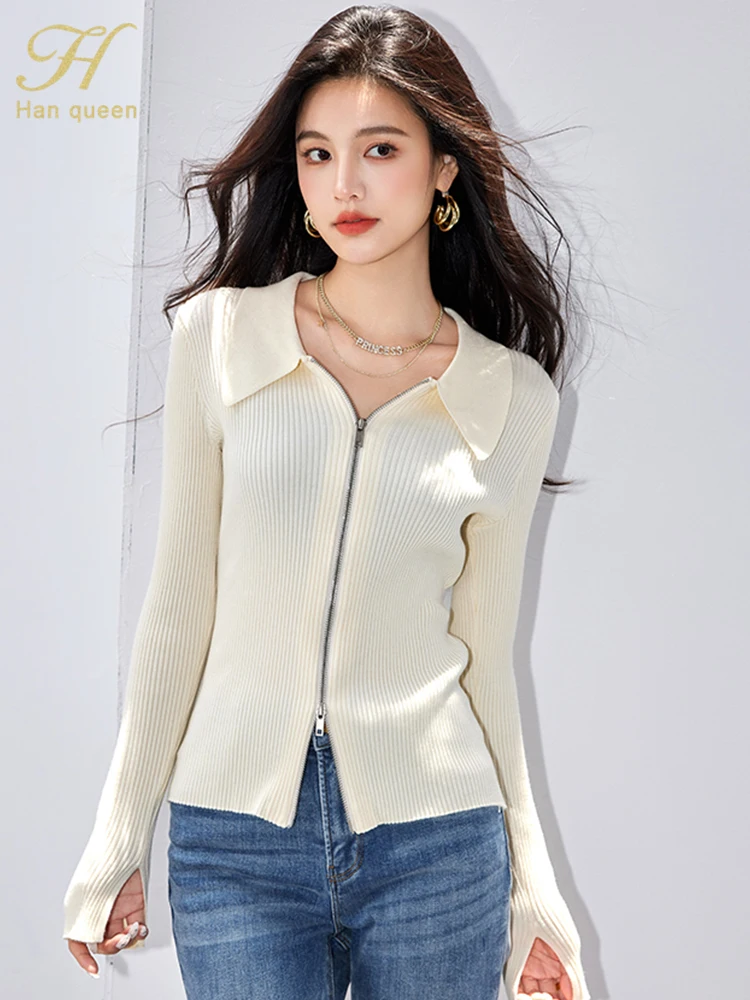 

H Han Queen Elegant Basic Cardigan Sweaters Simple Fashion Zip Knitwear Women Long Sleeve Sweater Reviews Many Clothes Outer