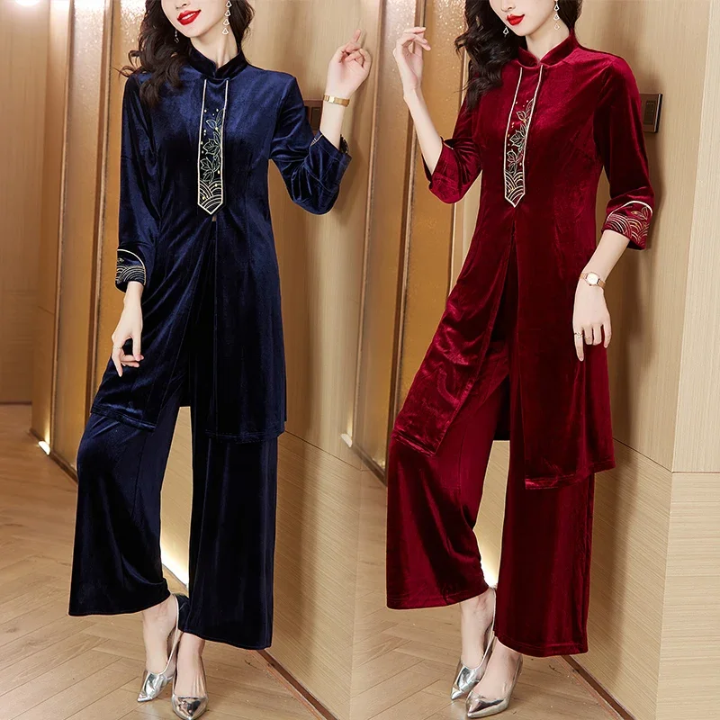 

5XL Large Size Casual Sets Fall Middle Aged Mother Retro Gold Velvet Pants Two Piece Suit Women Velvet Conjunto Tracksuit A18