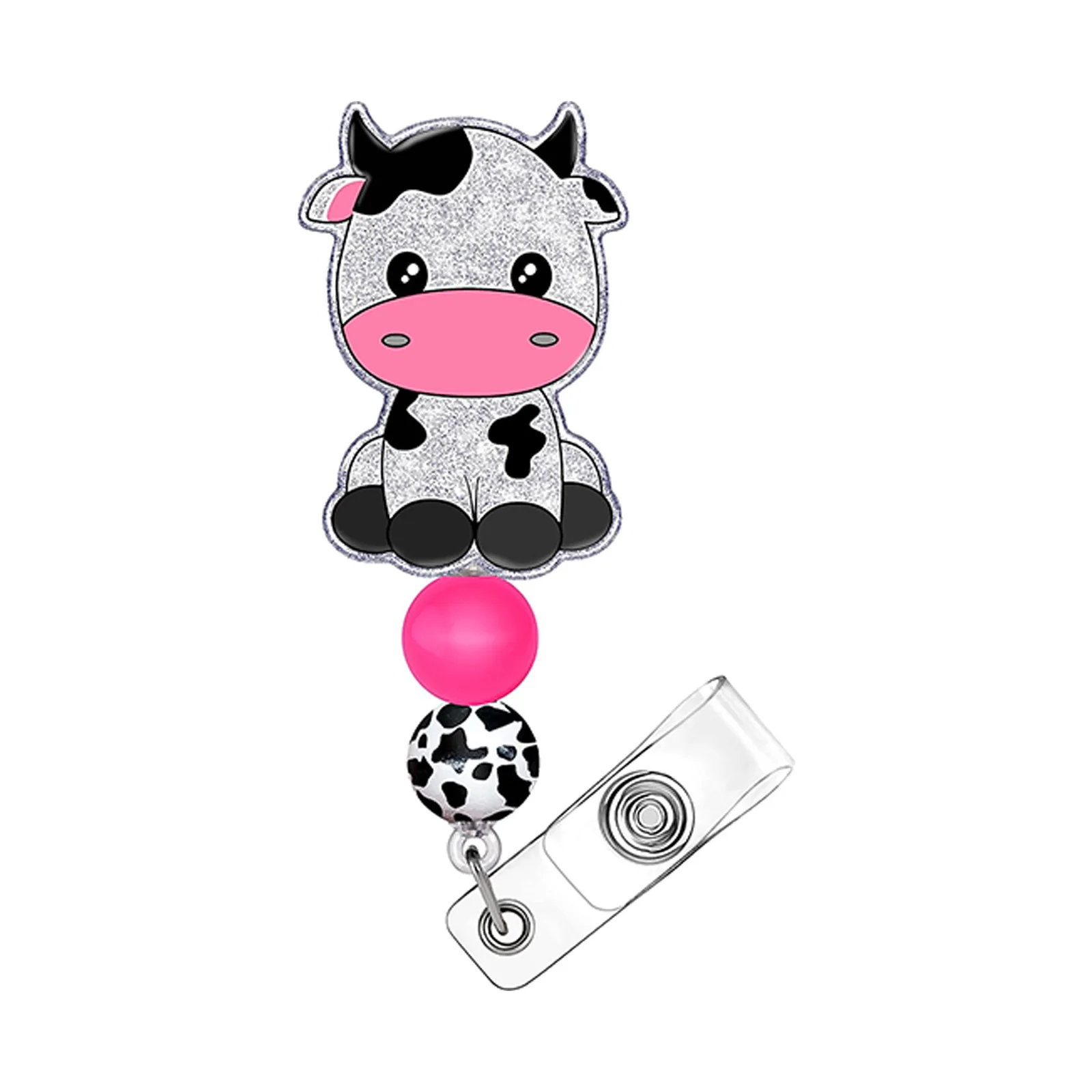 Cartoon Cow Shape Badge Holder Acrylic Rhinestone Clip Buckle Student Name Card Tabs Teacher Doctor Nurse ID Holder Retractable