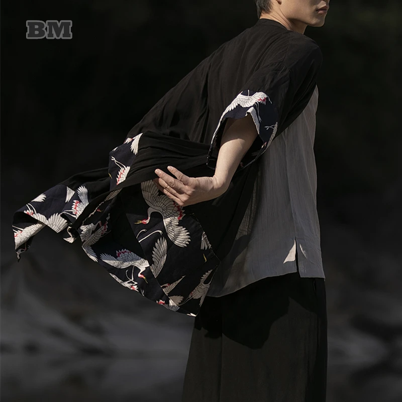 Chinese Traditional Dress Summer Plus Size Crane Print Hanfu Men Clothing Oversize Mid-Length Cardigan Coat Vintage Robe Tops