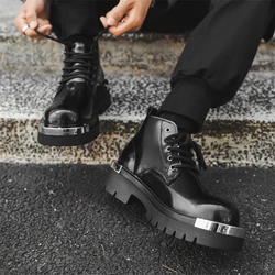 Hight Quality New Street Style Patent Leather Boots For Men's Metal decoration Black Hombre Daily Dress Height Increasing Shoes