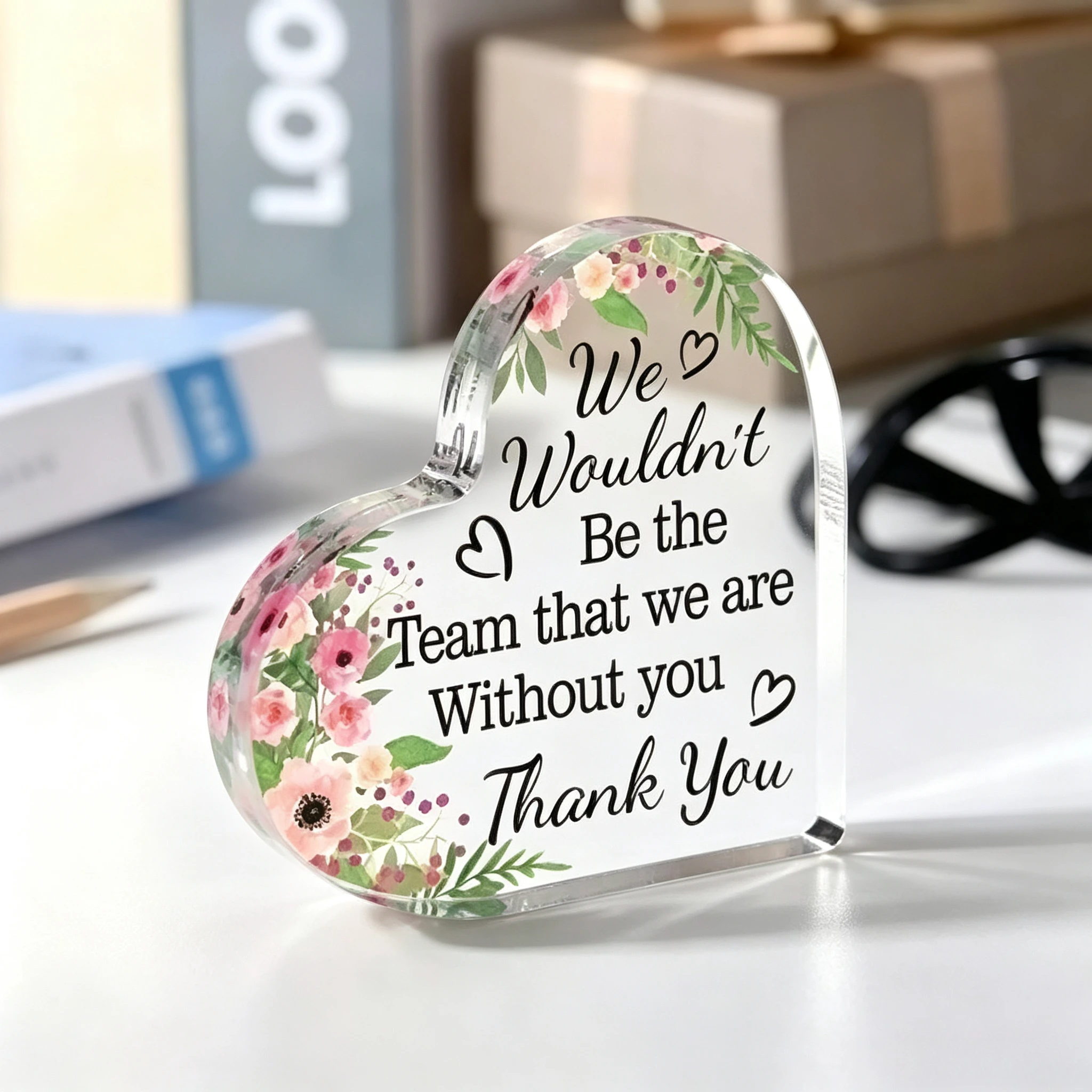 Pink Floral Heart Acrylic Plaque Thank You Coworker Team Appreciation Desktop Table Sign Gift