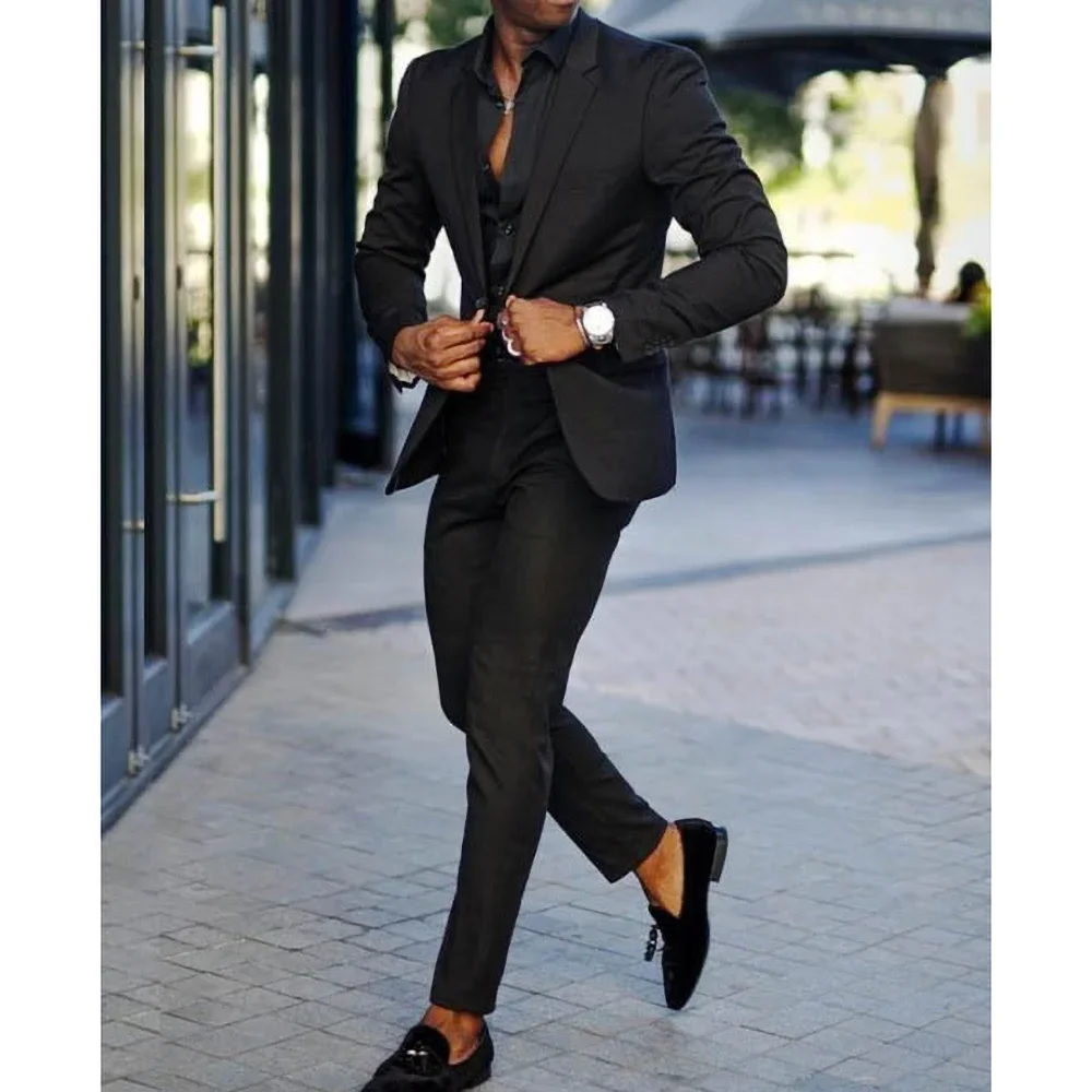 

Classic Black Male Suit Fashion Notch Lapel Single Breasted Outfits Elegant Casual Slim Fit Wedding Groom Tuxedo 2 Piece Set