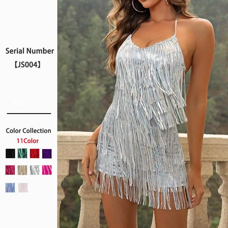 Fashionable Backless Slimming Tassel Trim Satin Long Pants Club Style off Shoulder Dress High Waist  Suit for Women