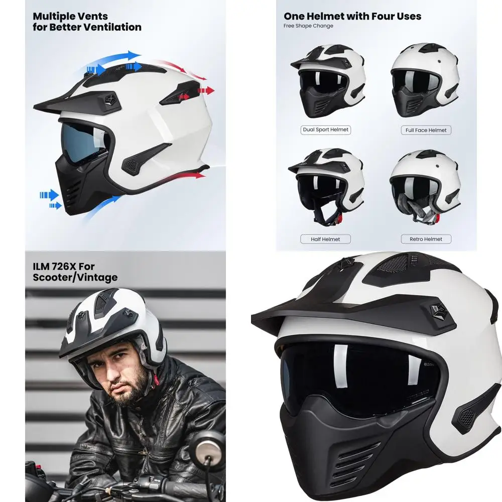 

3/4 Open Face Helmet for Dirt Bikes, Mopeds, ATVs, and Cruisers - DOT Certified (White, Large)