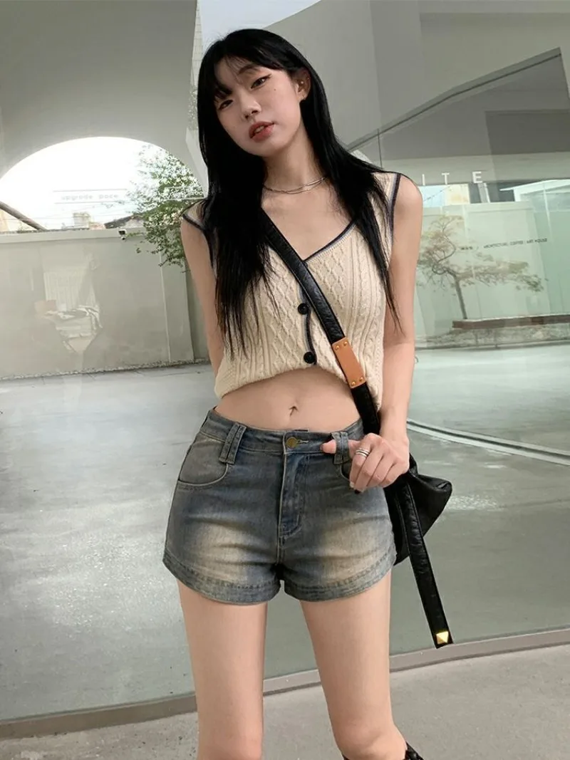 Women's Vintage Denim Shorts Summer High Waist Slim Fit Straight Short Korean Edition Plus Size Denim Shorts Loose Jeans Y2k