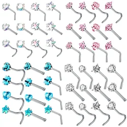 3-12pcs/lot Stainless Steel Nose Stud Set Round Heart Star CZ Crystal Nose Piercings 3MM L Shape Nostril Piercing Jewelry 20g