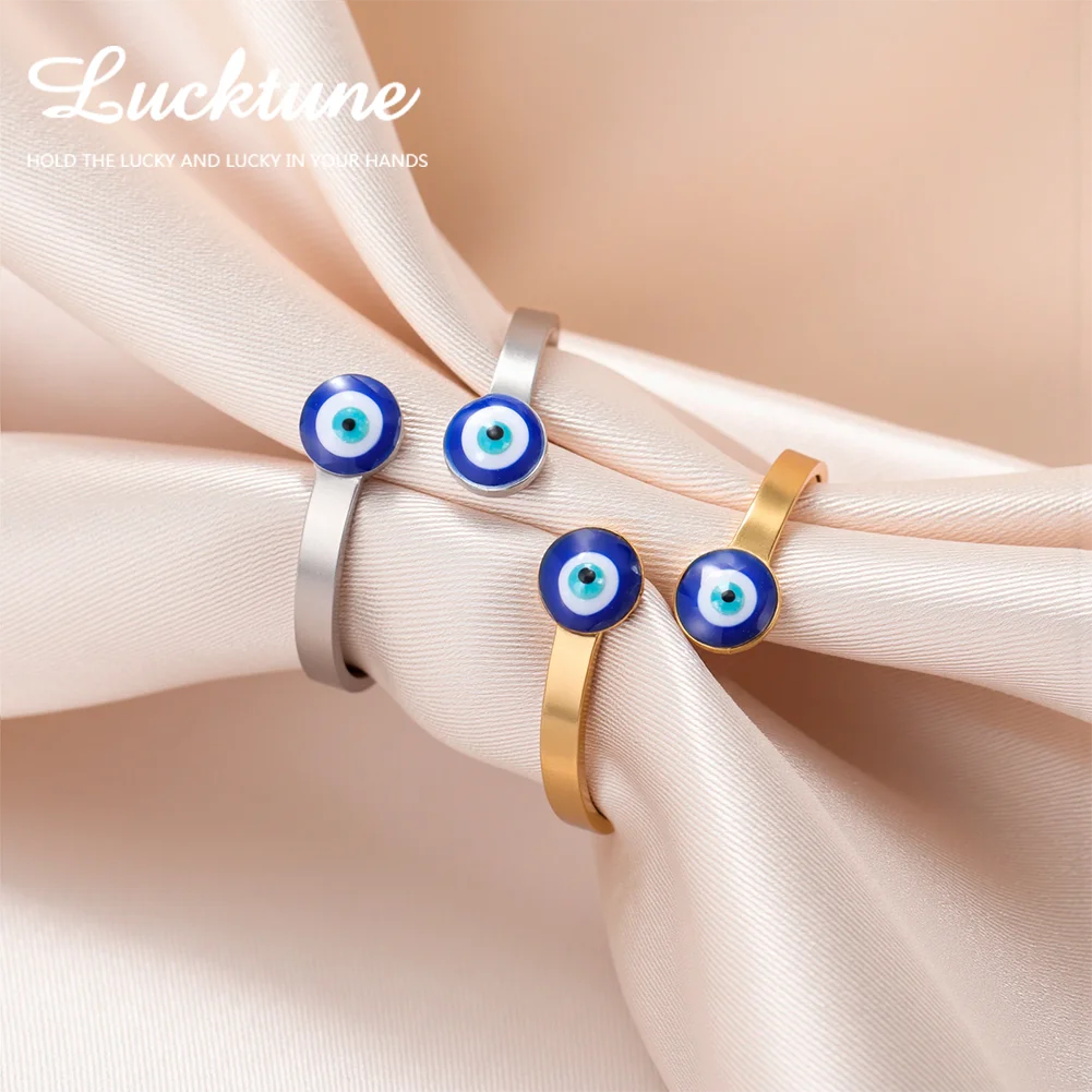 Lucktune Turkey Blue Evil Eye Open Rings Adjustable Stainless Steel Women's Finger Ring Protection Amulet Jewelry Couple Gifts