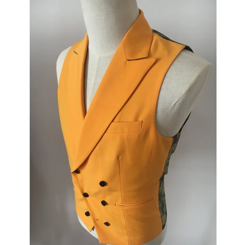 Yellow Double Breasted Vest For Slim Fit Men Suit One Piece Custom Waistcoat With Peaked Lapel Cusual Wedding Tuxedo Waist Coat