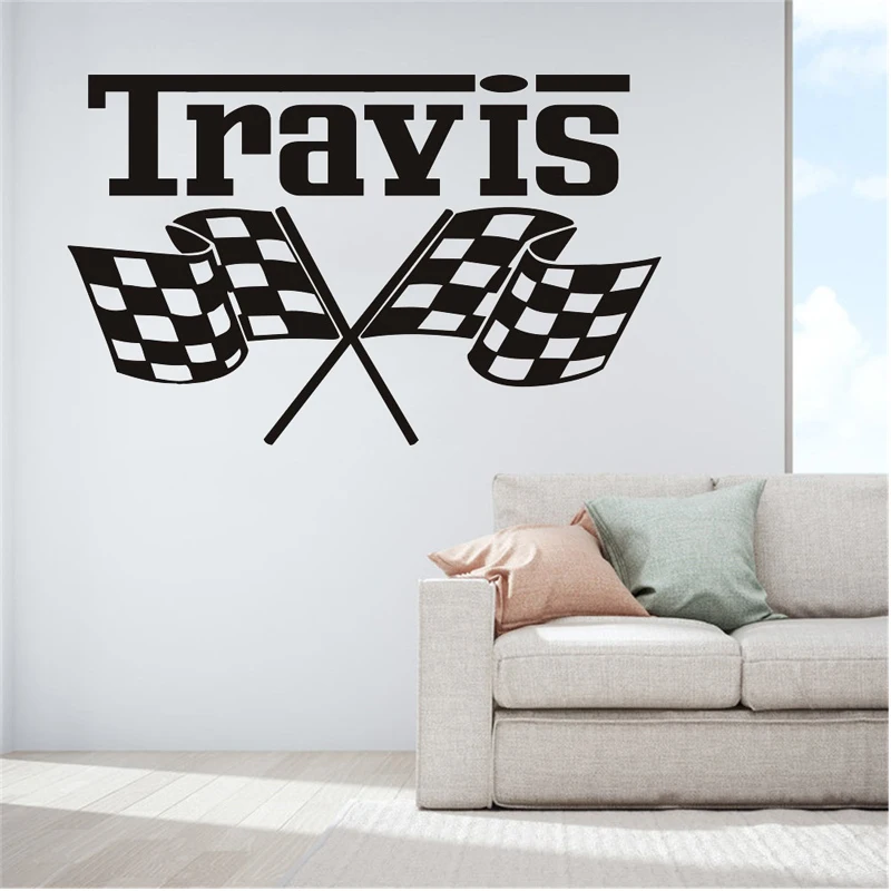 

Custom Name Vinyl Wall Sticker Racing Car Flag Boy Room Kids Bedroom Decor Personalized Checkered Flags Mural Race