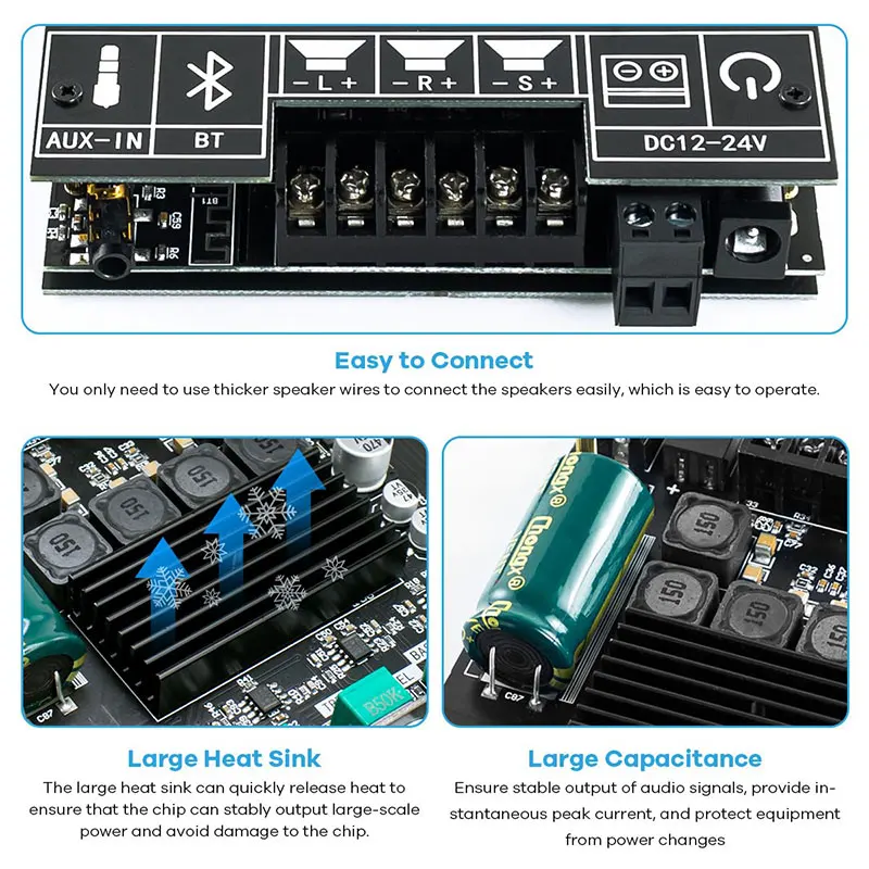 ZK-TB21 Amplificador Bluetooth 5.0 CS8673E 2.1 Placa amplificadora de subwoofer 50W*2+100W Amplificador de graves estéreo de áudio de 2.1 canais de potência