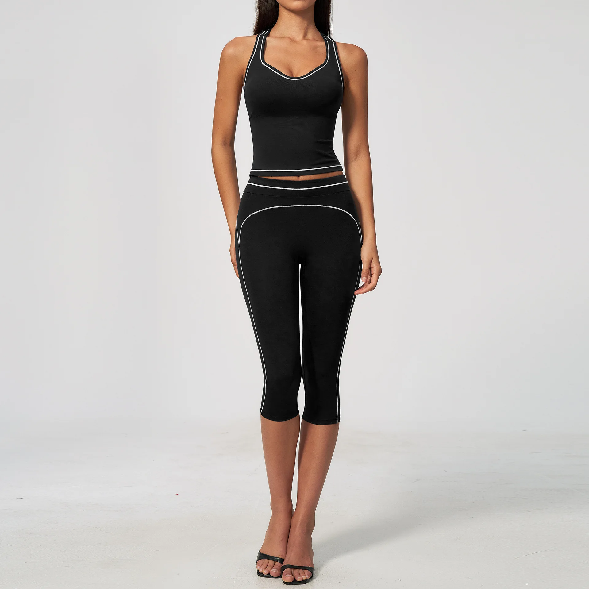 Contrast Color Yoga Midi Pants I-shaped Back Sports Vest High Waist Trouser Sportswear Hip Lifting Workout Fitness Running Suit