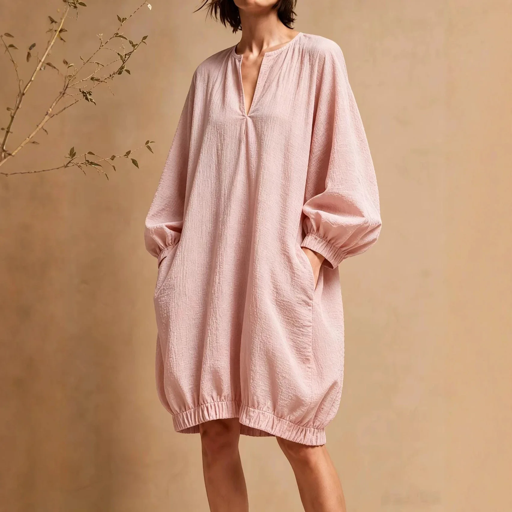2026 New Women's V-neck Drawstring Hem Long-sleeve Random Loose Lines Clothes Wedding Dress Outfits Boho Maxi Bandage