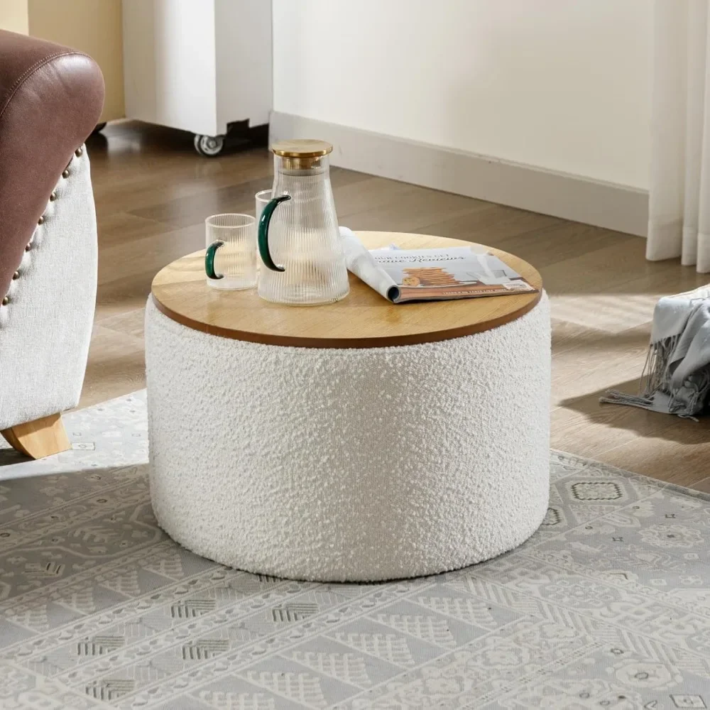 Modern Round Storage Ottoman Coffee Table, Boucle Large Storage Ottoman with Wooden Lid, End Table Side Table Footstool , White