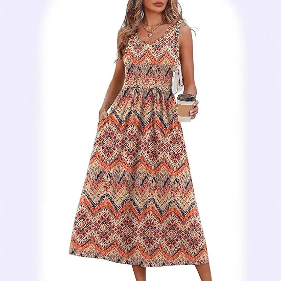 2026 Women's Summer European and American Neck Printing Sleeveless Vest Pocket Dress