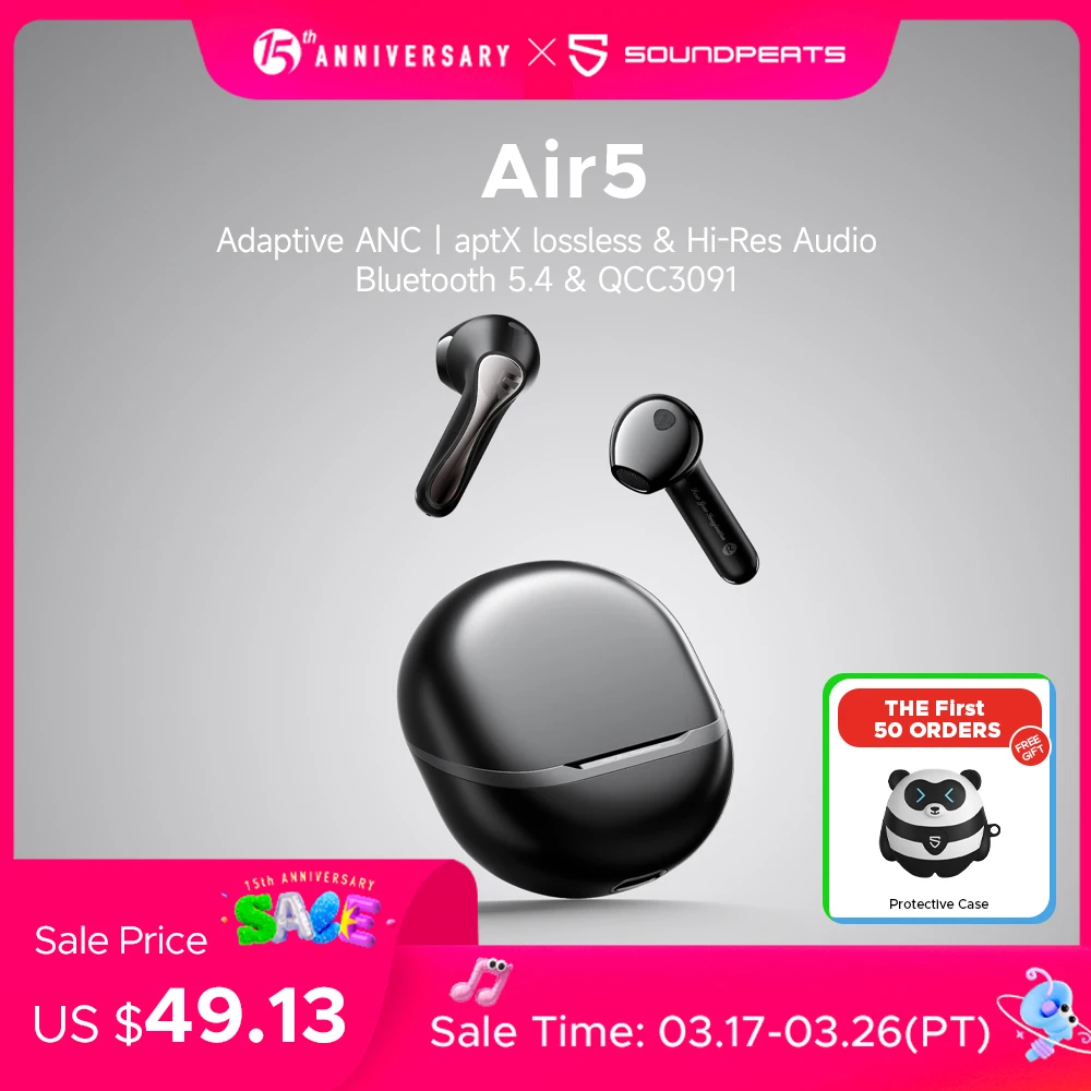 SoundPEATS Air5 ANC Bluetooth 5.4 Wireless Earbuds with Hi-Res Audio,aptX lossless,CVC V8.0,6MIC AI call noise reduction,IPX5