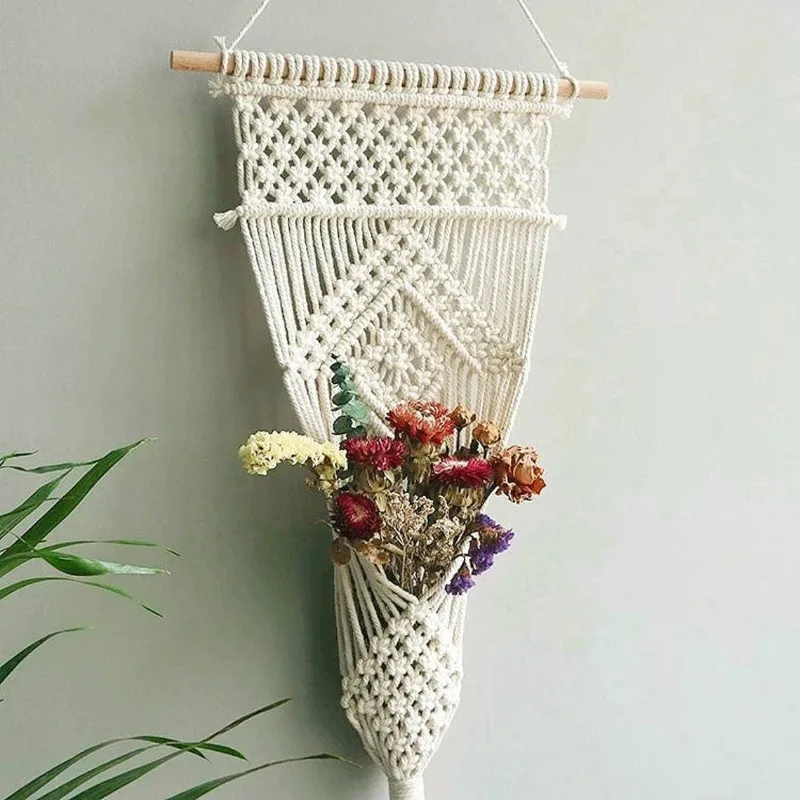 Nordic Handwoven Tapestry Hanging Planter Macrame Plant Holder Modern Bedroom Decor Boho Woven Basket Balcony Wall Tapestry