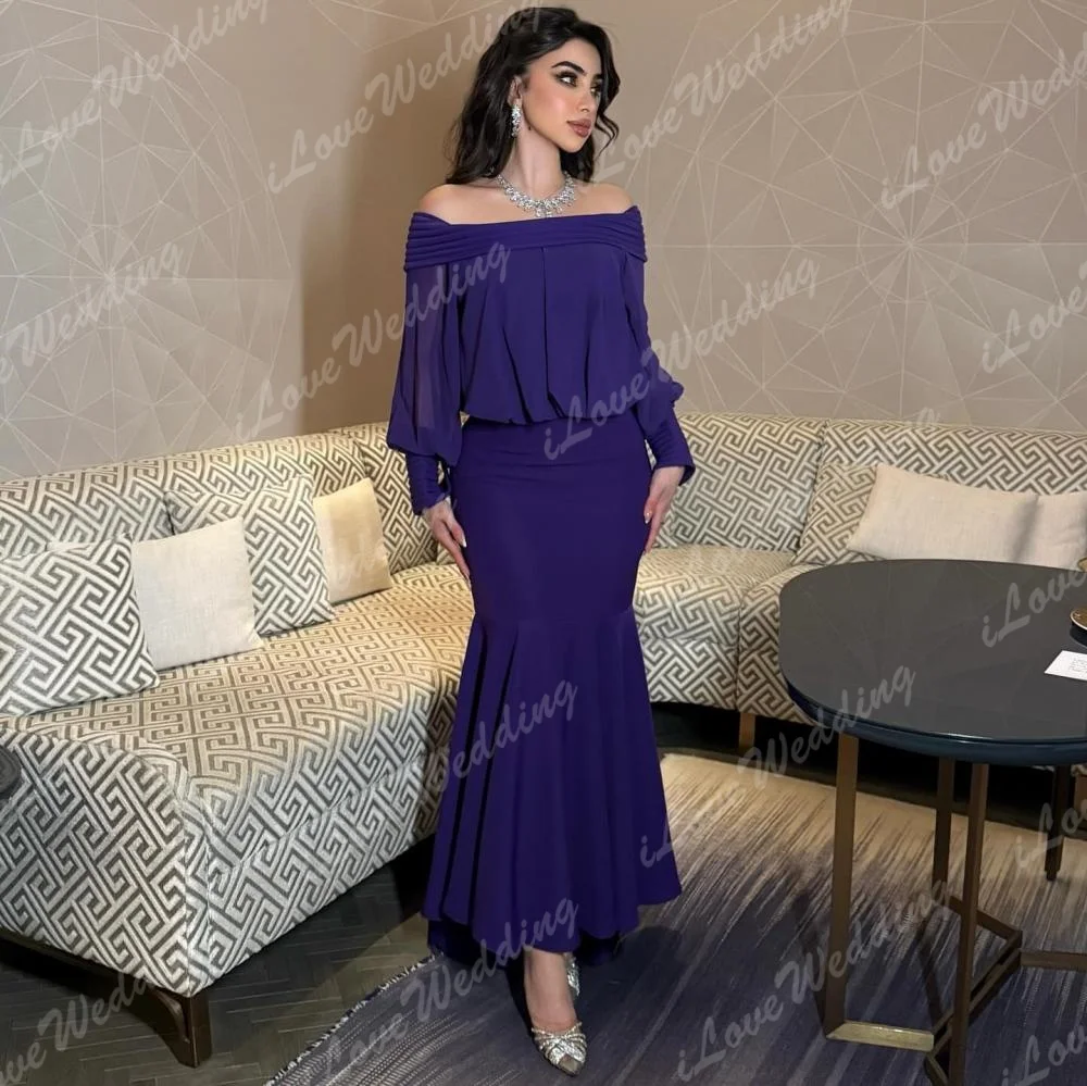 Mermaid Prom Dresses Ankle-Length Off Shoulder Full Sleeve Evening Dress Fashion Customized Pleat Simple Draped Elegant Gowns