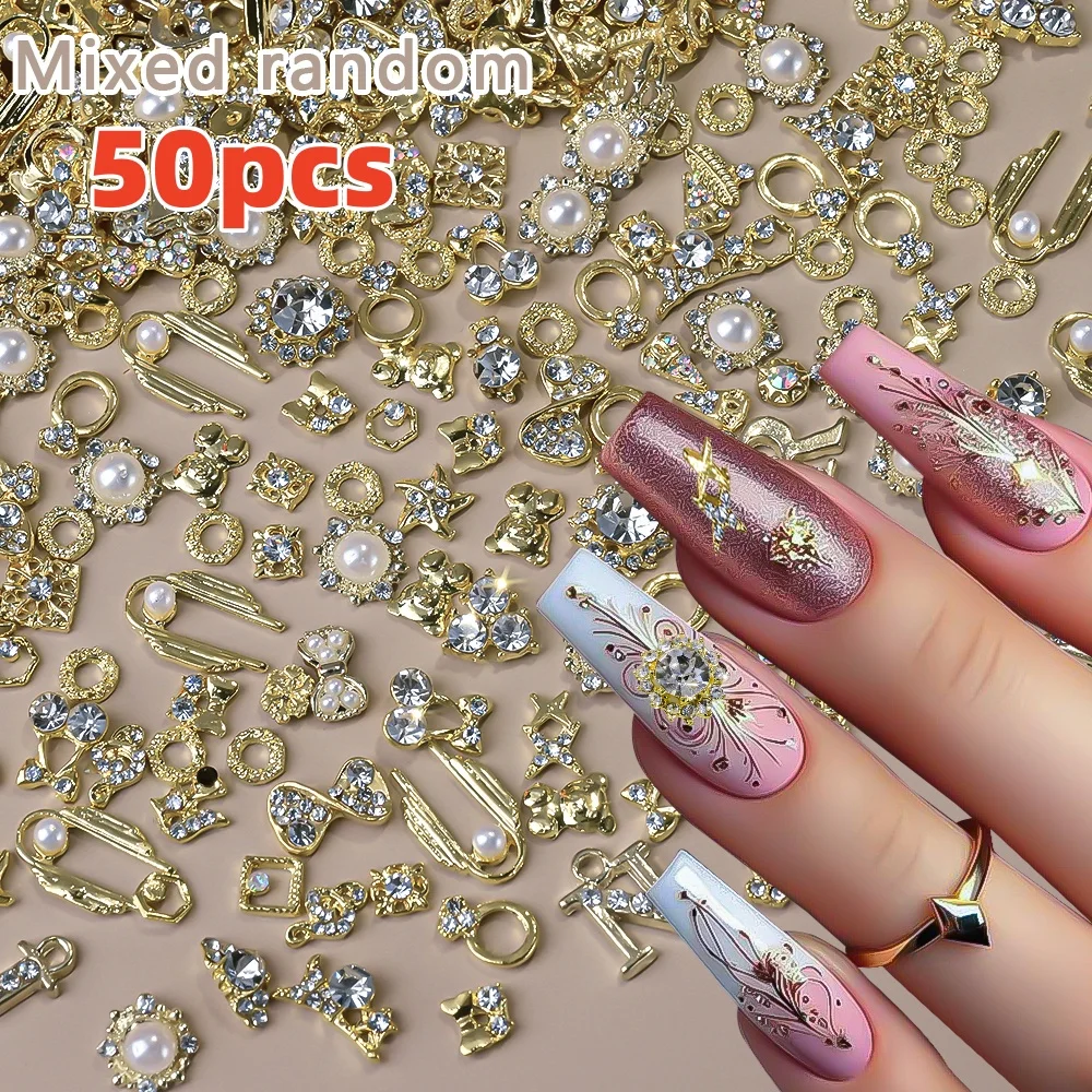 50pcs 3D Luxury Exquisite Japanese Korea Alloy Nail Art Charms Kawaii Bow Pearl Jewelry Nail Rhinestone Decoration DIY Accessory