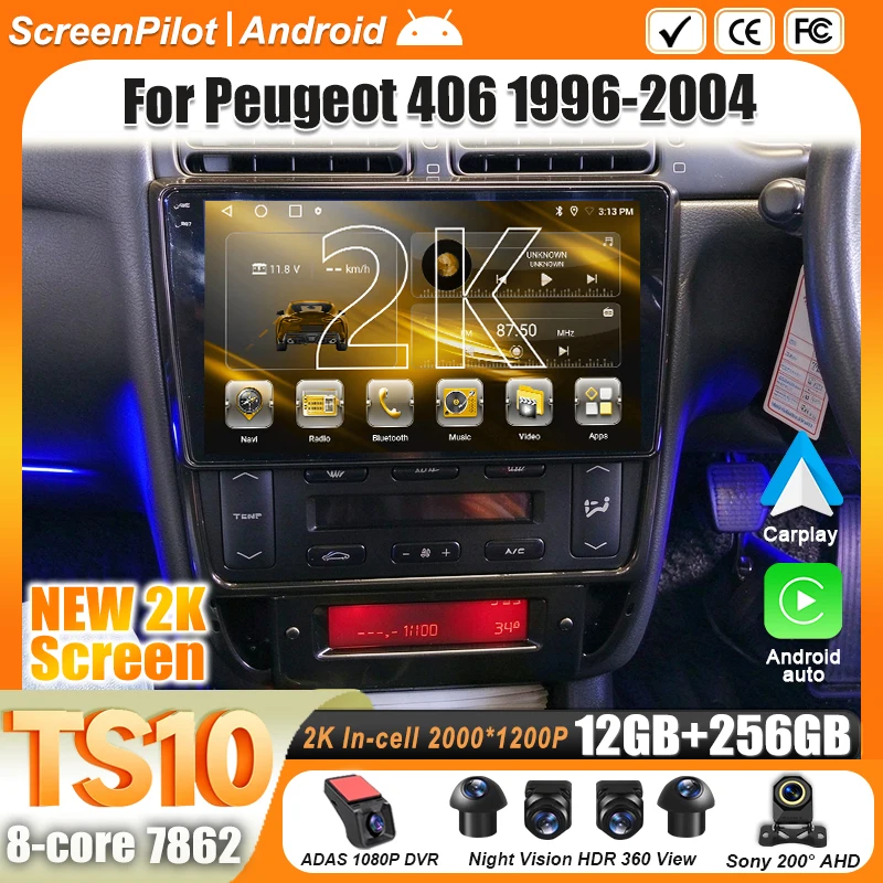 Android 16 For Peugeot 406 1994-2005 Car Radio Multimedia Video Player 2 din Carplay Mirror Link Bluetooth 8 Core Wifi 5G RDS