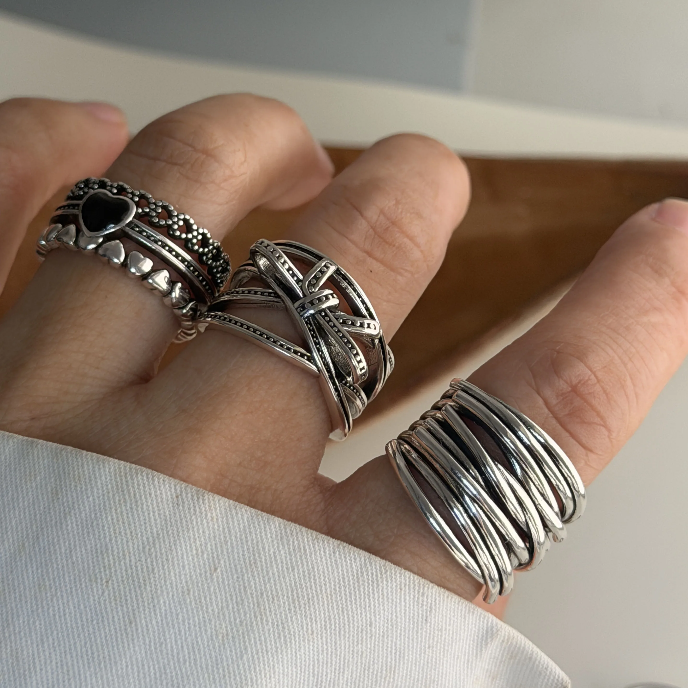 BF CLUB 925 Sterling Silver Ring For Women Jewelry Retro Wide Strips Open Vintage Handmade Ring Allergy For Party Birthday Gift