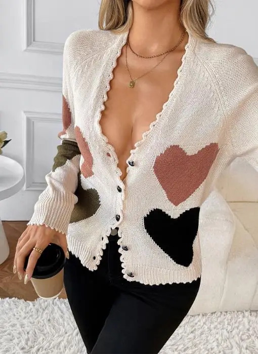 

Women's Sweet Cute Love V-Neck Knitted Sweater Jacket Holiday Style 2025 New Arrival