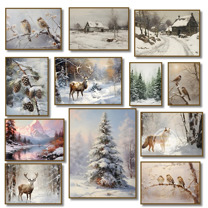 Deer Tiptoed Past the Snowy Pine – Retro Winter Forest Rustic Frameless Canvas for Farmhouse Wall Decor