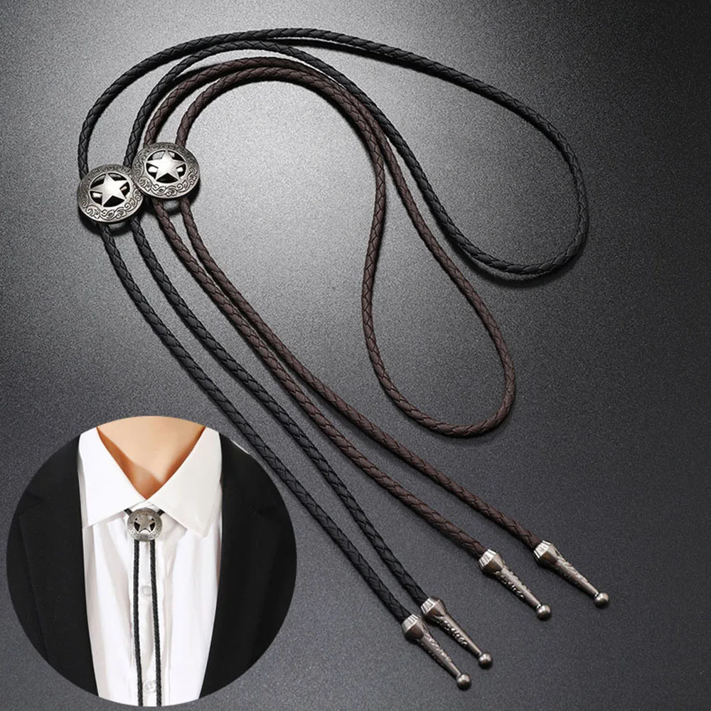 

Retro Cowboy Ties With Five-pointed Star Buckle For Men Women Leather Rope Bolo Necktie Braided Necklace Shirt Decor Necktie