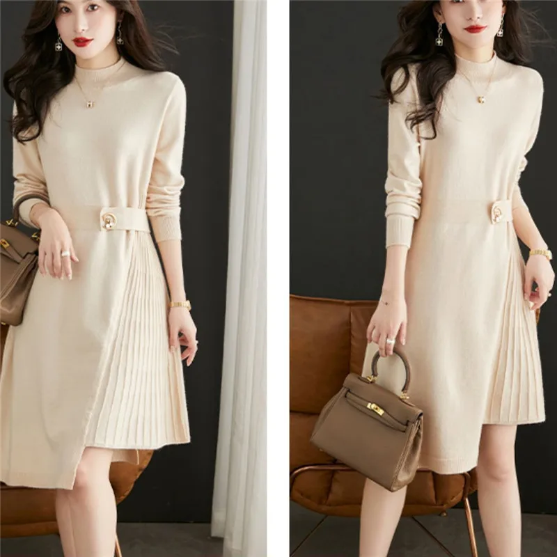 Plus Size Sweater Skirt Women\'s 2025 New Female Dress In Autumn  Winter Long Semi-high Neck Slim Versatile Knit  Vestidos