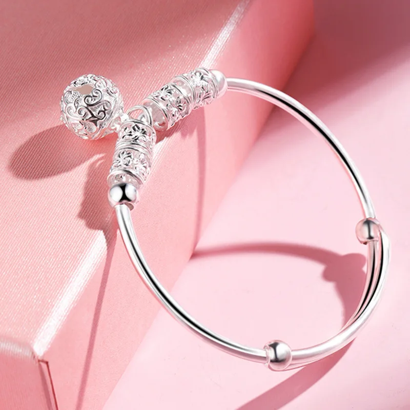 

Fine 925 Sterling Silver Bell Bracelet For Women Luxury Adjustable Texture Bead Bracelets Original Beautiful Jewelery Party Gift