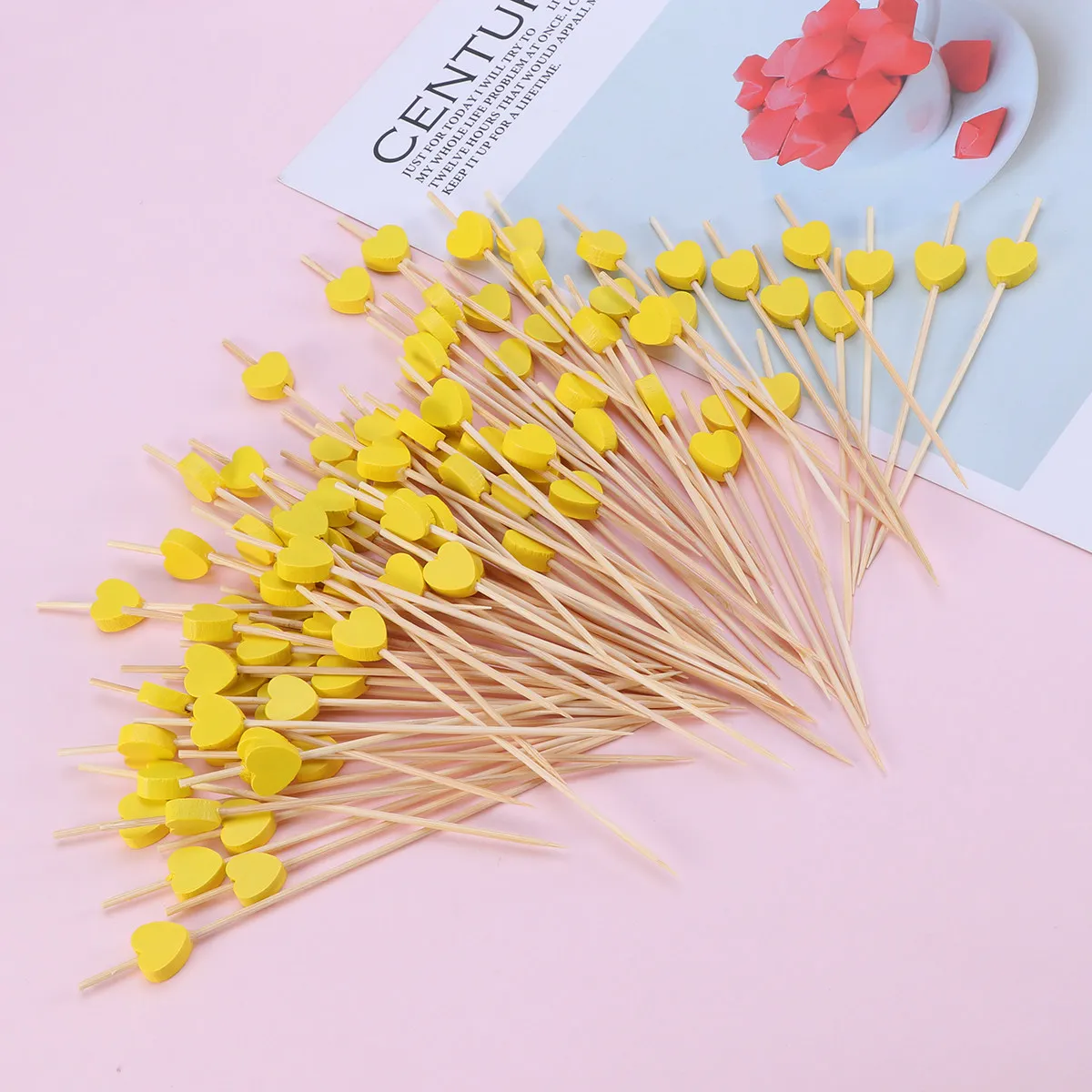 100Pcs Bamboo Heart Shaped Fruit Picks Cocktail Picks Food Toothpicks Party Supplies Seasonal Decoration Eco Friendly Non Toxic