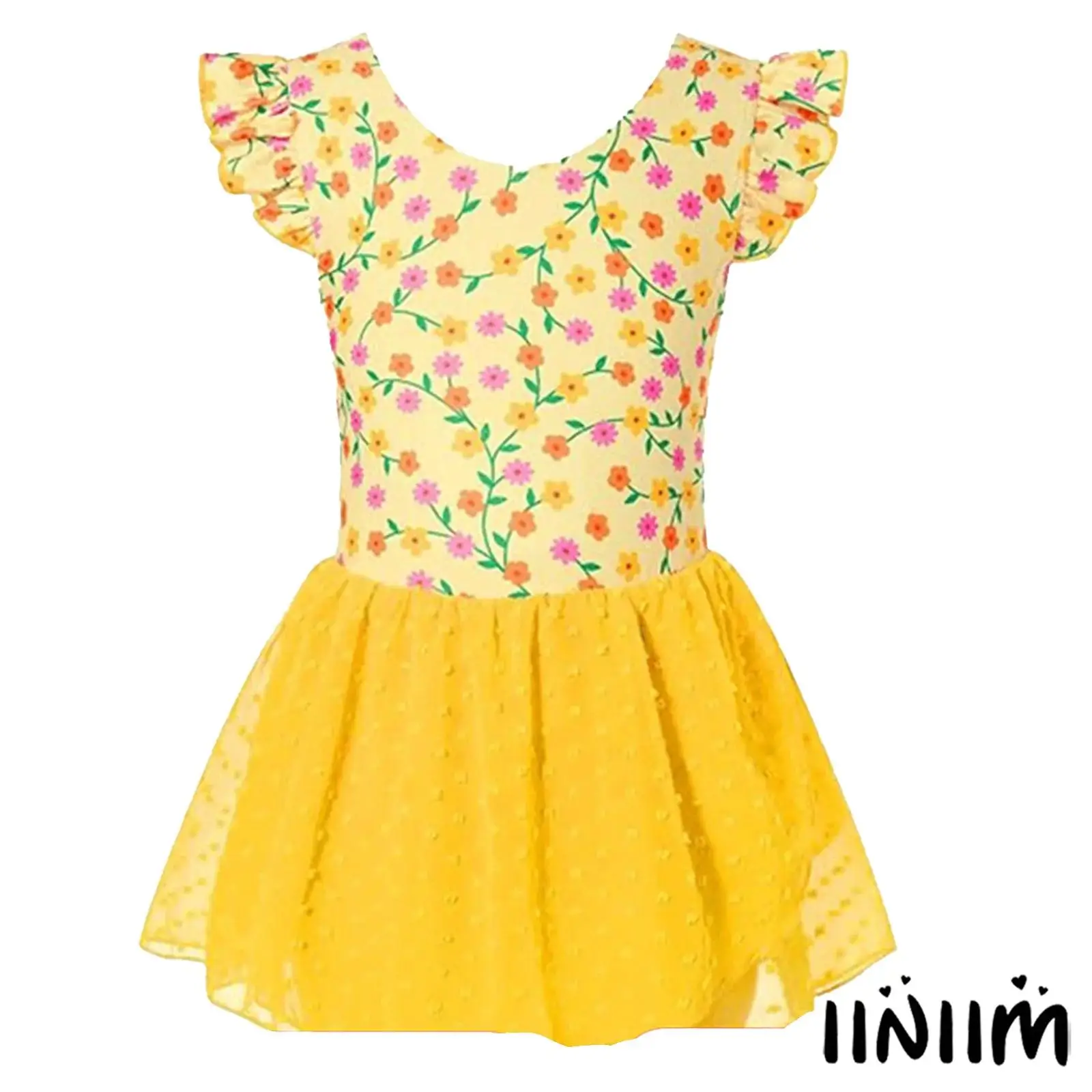 

Child Girls Floral Print Latin Dance Dress Ruffled Sleeves with Built In Briefs Dresses for Ballet Lyrical Dance Training Show