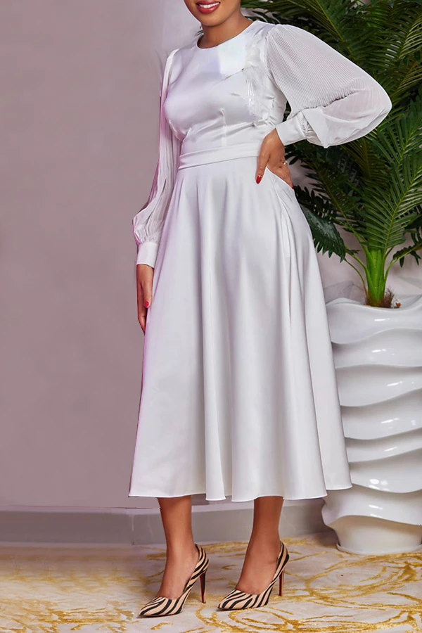 Robe Longue Plissée en Satin pour Femme, Tenue Élégante Décontractée, Couleur Unie, Manches Lanternes Froncées, Soirée, Vacances, Anniversaire, Été