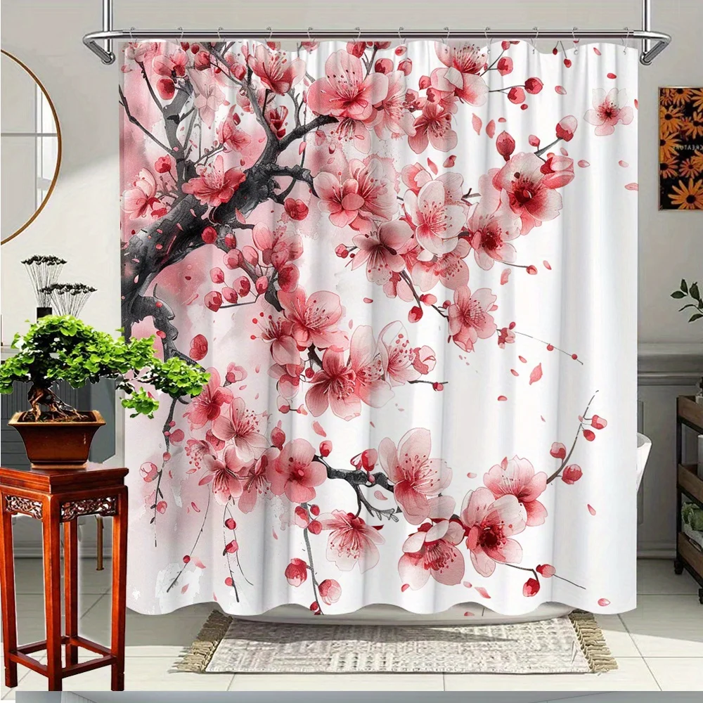

1 шт. занавеска для душа с вишневым цветочным дизайном для декора ванной комнаты — полиэфирная ткань, удобный и яркий вид, в комплект входит