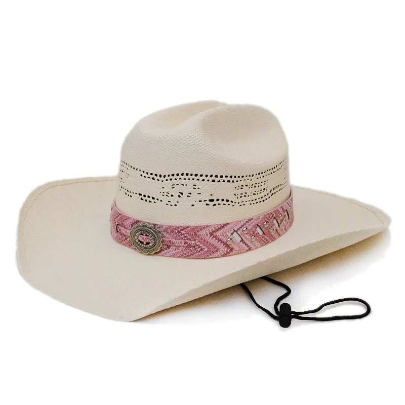 

Women Pink Leather Belt Hollow-out Yellowstone Hard Straw Beach American Western Wide Brim Cowboy Cowgirl Sun Hat 55-61cm