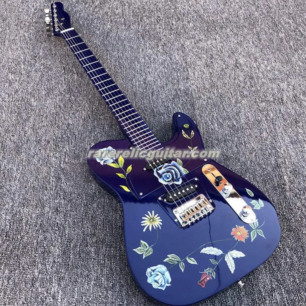 Rare Hand Work Paint Prince Floral Flower All Blue Electric Guitar Tremolo Tailpiece, Chrome Hardware, White Dot Inlay